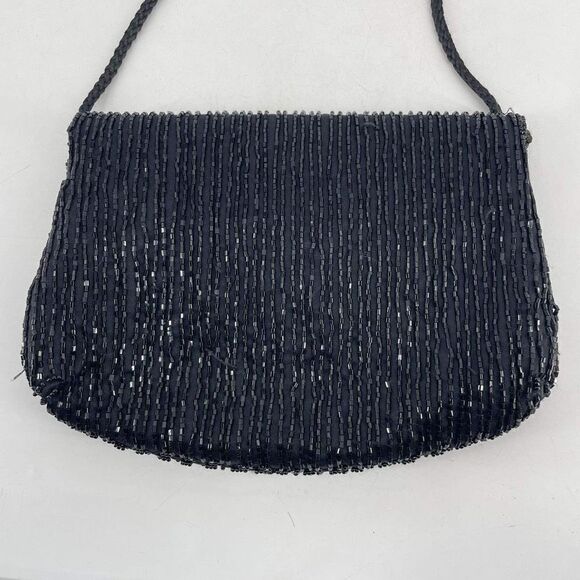 Vintage Beaded Snap Flap Corded Strap Clutch Shoulder Bag Black Small Flapper - Picture 2 of 14